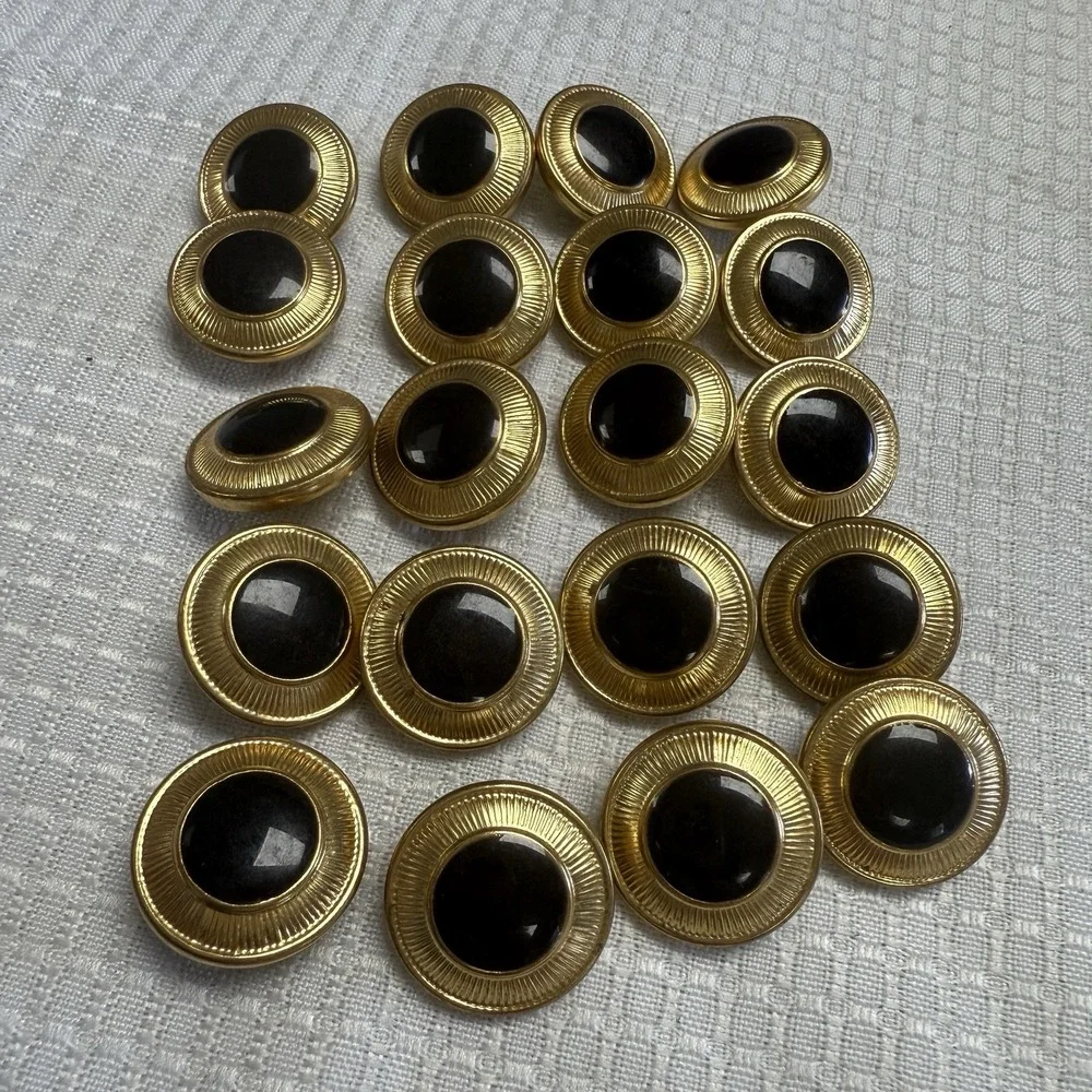 20 Vintage Gold Tone Metal Shank Buttons Black Halo Sunburst Dome Center 80s/90s